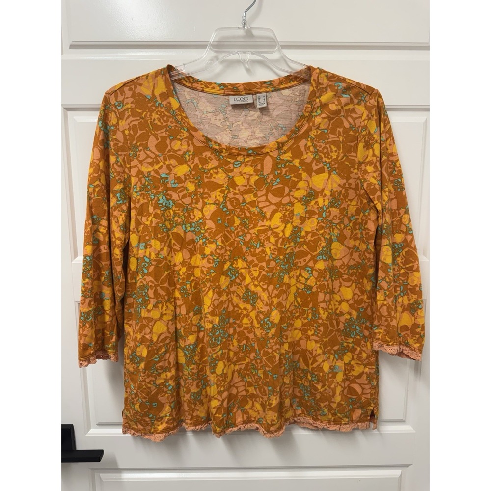 LOGO by Lori Goldstein Top Pullover Lace Trim Orange Print Medium A4